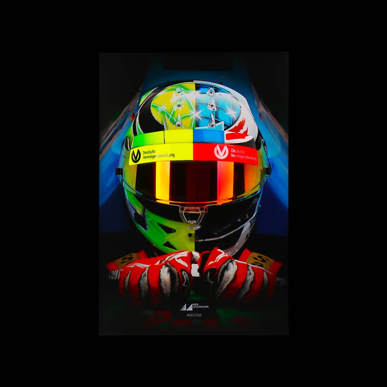 Mick Schumacher visor mural with original helmet visor 2017