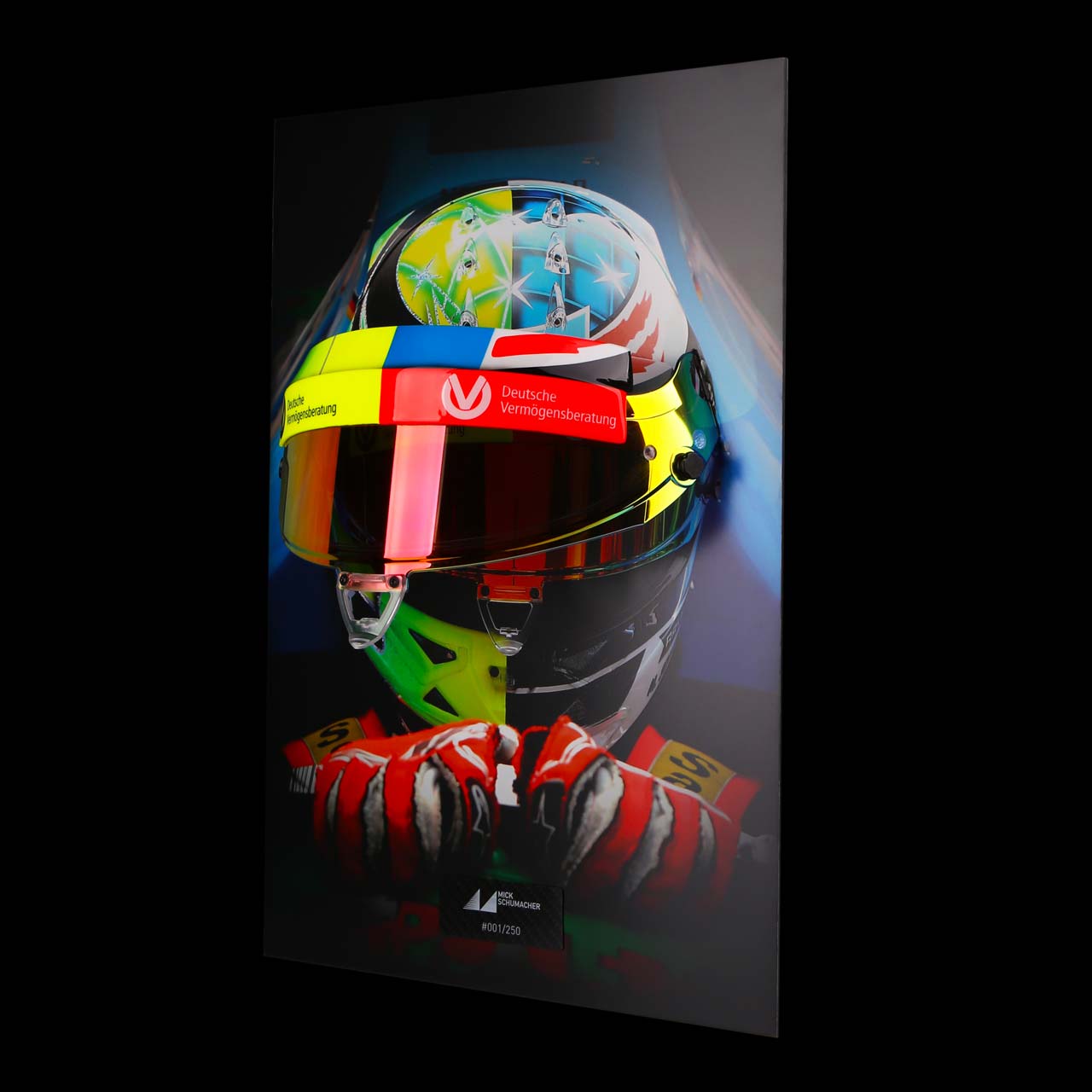 Mick Schumacher visor mural with original helmet visor 2017