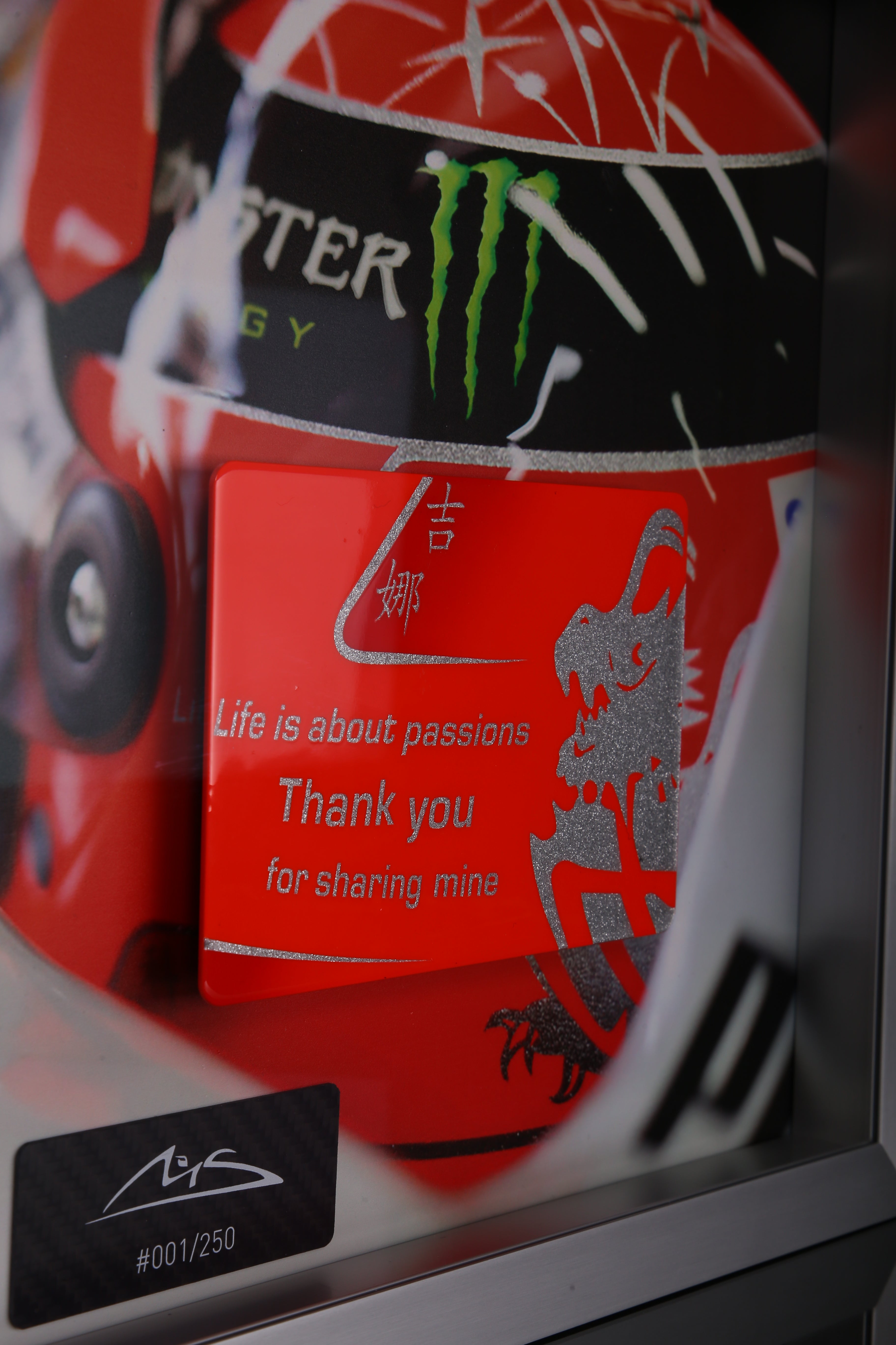 Michael Schumacher 2012 picture with hand-painted carbon plate "Life is about passion, Thank you for sharing mine"